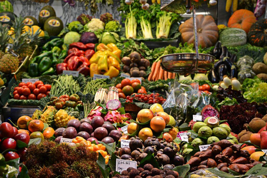 Fruits and vegetables are selling on the market