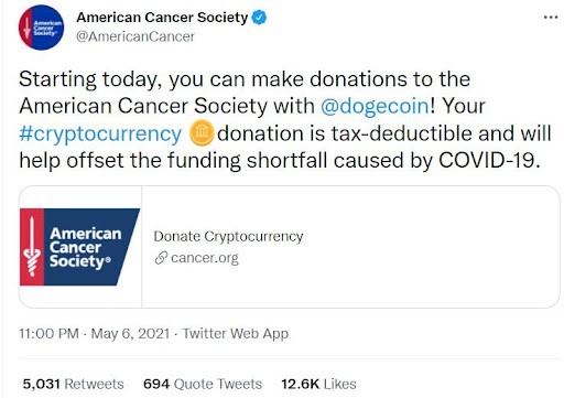 American Cancer Society tweet soliciting Dogecoin