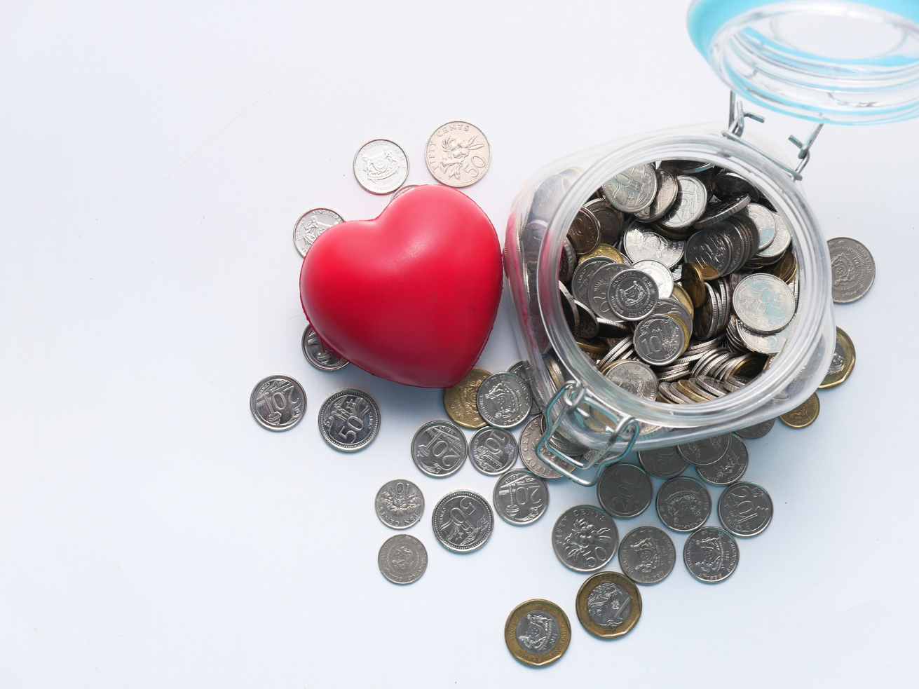 Charity heart with money jar of coins